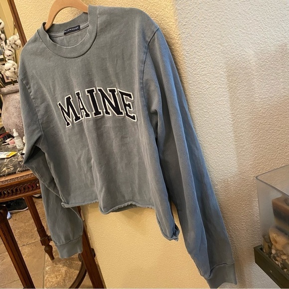 SOLD!BRANDY MELVILLE Light Teal Maine Embroidery Long Sleeve Top OS-Fit like S/M - Picture 2 of 7